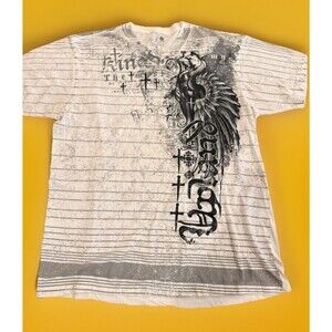 The Raw Uncut TShirt Mens Size Med White Graphic Gothic Angel Wings Crosses GUC